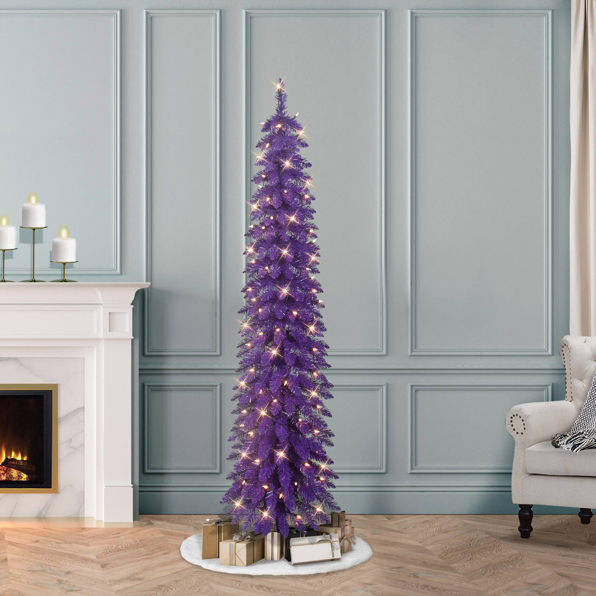 6ft. Pre-Lit Purple Alpine Pencil Artificial Christmas Tree, Clear Lights
